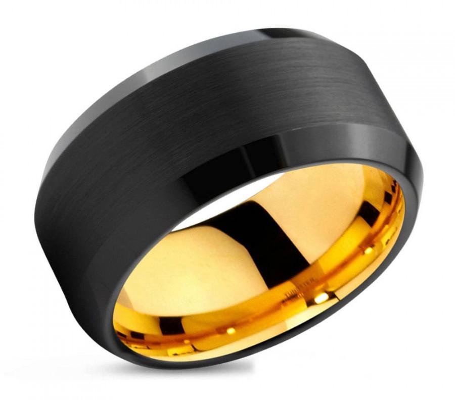Hochzeit - Black Tungsten Ring Yellow Gold Wedding Band Ring Tungsten Carbide 10mm 18K Tungsten Ring Man Wedding Band Male Women Anniversary Matching
