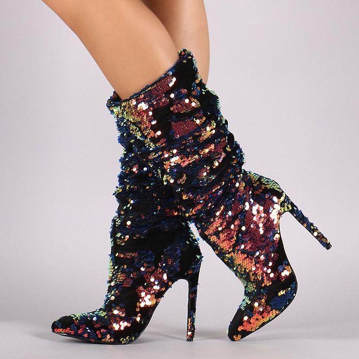 Hochzeit - Glitter Slip-On Stiletto Heel Fashion Boots