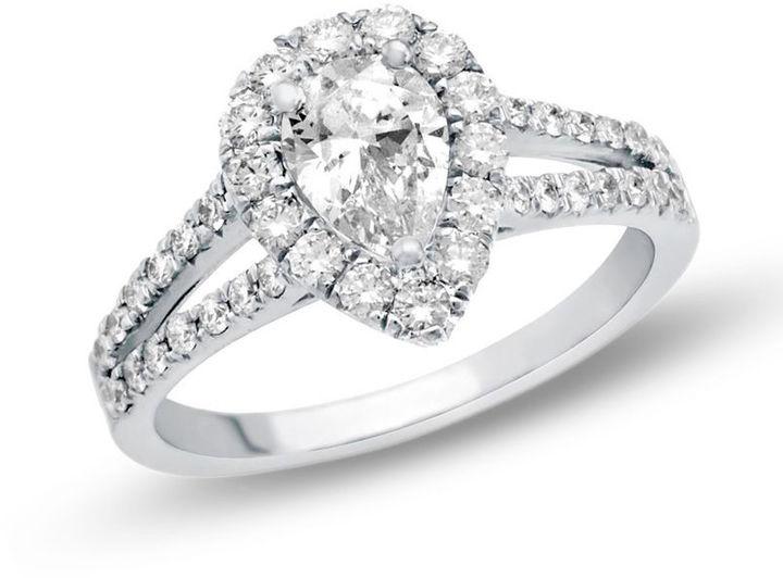 زفاف - 7/8 CT. T.W. Certified Pear-Shaped Diamond Frame Split Shank Engagement Ring in Platinum (H/SI2)