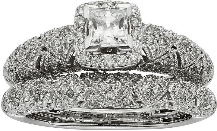 زفاف - MODERN BRIDE 1 CT. T. W. Certified Diamond Princess-Cut Art Deco Bridal Ring Set
