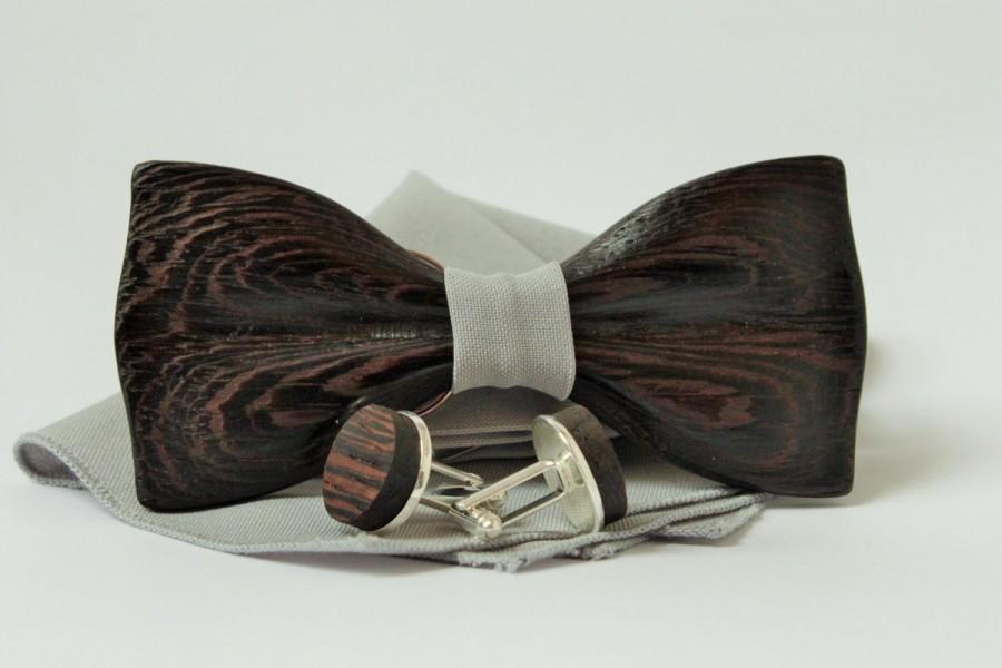Wedding - Wedding wooden bow tie with pocket square + Wooden Cufflinks. Black wood bow tie and cufflinks. Best idea for gift.