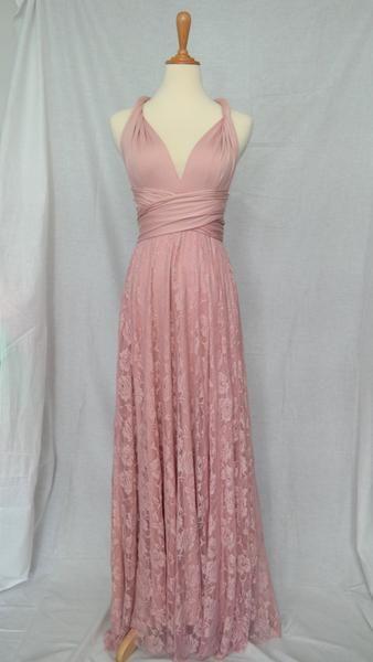 Hochzeit - Full Ballroom Length Convertible Infinity MultiWay Wrap Dress In Dusty Rose Pink With Lace Overlay Skirt And Free Bandeau Rose Pink