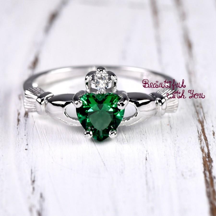 Hochzeit - Womens Silver Emerald CZ Claddagh Promise Ring Wedding Band Irish Celtic Claddagh Band May Birthstone Ring Celtic Claddagh Friendship Ring