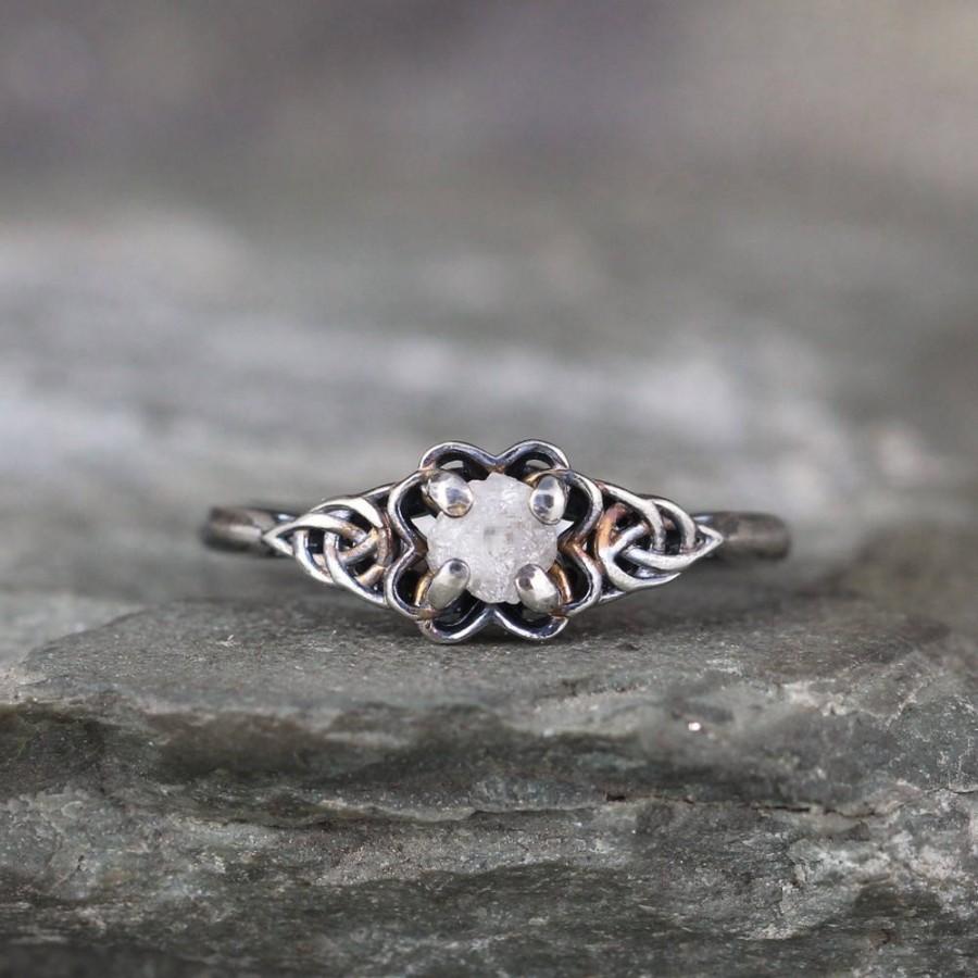 Hochzeit - Celtic Knot Engagement Ring - Raw Rough Uncut Diamond Rings - Sterling Silver - Rustic - Made in Canada