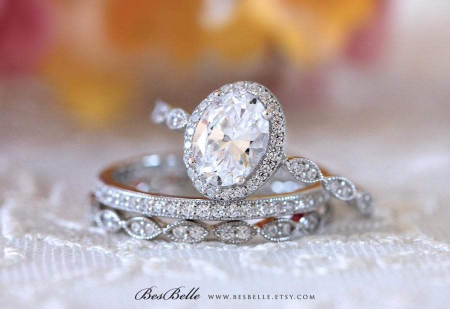 زفاف - 2.97 ct.tw Milgrain Art Deco Bridal Set Ring-Oval Cut Center Engagement Ring-W/ Two All Mixed Eternity Ring-Sterling Silver [65359-3-1]