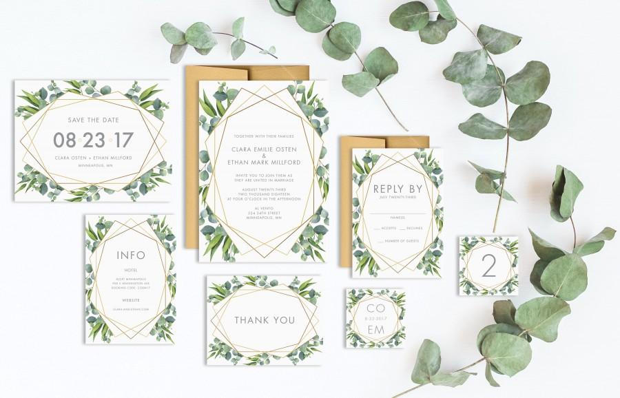 Wedding - Eucalyptus Gold Geometric Wedding Invitation Suite -Printable Wedding Invitation Suite, DIY Wedding Invitation, Geometric Invite Gold Invite