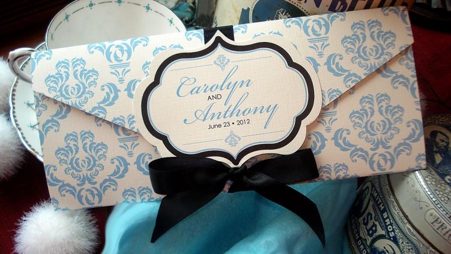 زفاف - Something Blue Damask Wedding Invitation with Hand Cut Frame Monogram - SAMPLE
