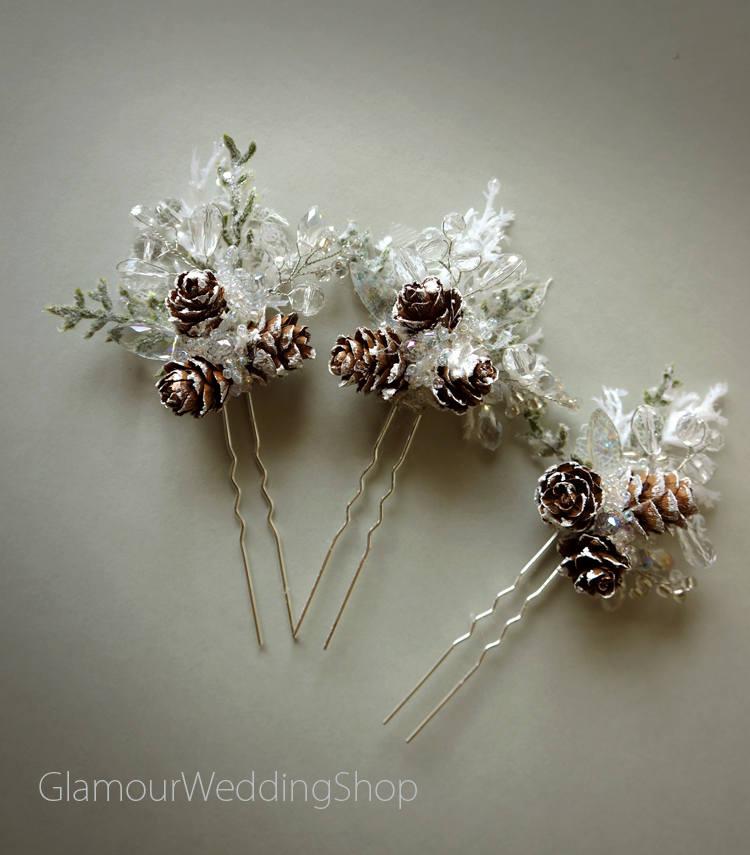 Hochzeit - Pine Cone Hair Pins Winter Wedding Bridal Woodland Wedding Hair Accessory Wedding Hair Comb - $12.99 USD
