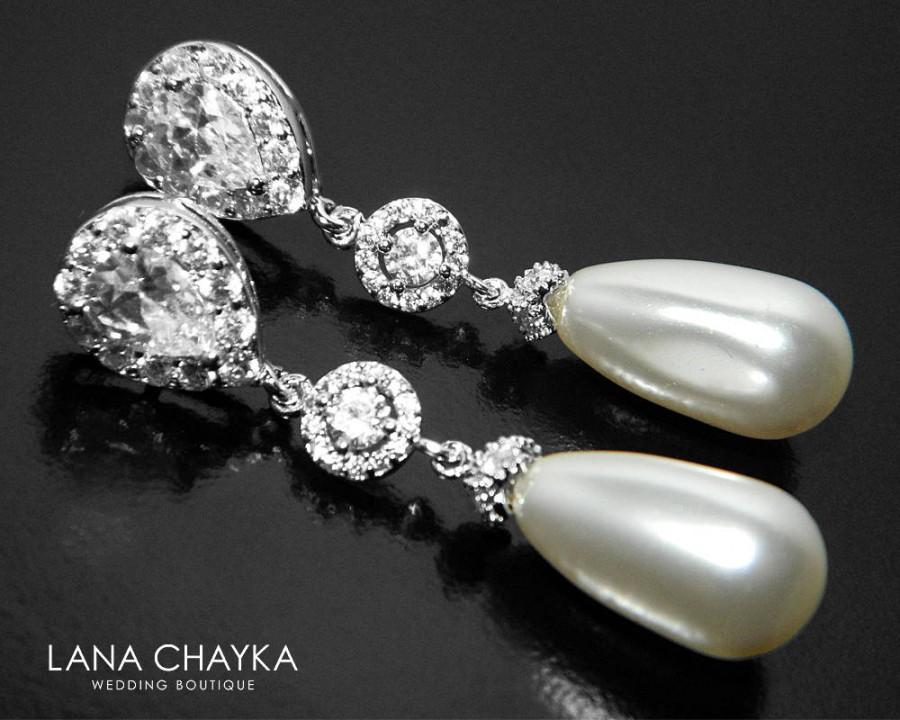 Wedding - Pearl Bridal Chandelier Earrings, Swarovski Teardrop Pearl CZ Earrings, White Pearl Silver Dangle Earrings Wedding Bridesmaids Pearl Jewelry - $35.50 USD