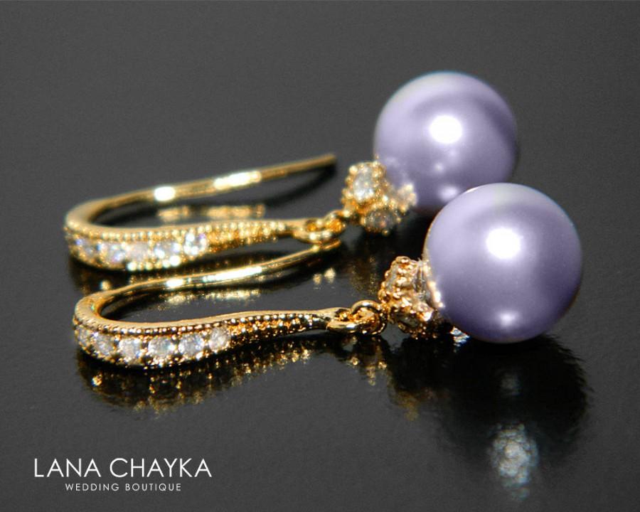 Hochzeit - Lavender Pearl Gold Earrings, Swarovski 8mm Pearl Dangle Earrings, Lilac Pearl Bridal Earrings, Lavender Pearl Wedding Bridesmaid Jewelry - $24.90 USD