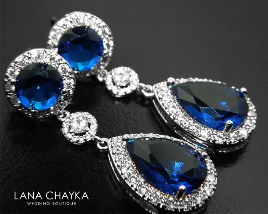 Mariage - Navy Blue Teardrop Bridal Earrings Blue CZ Chandelier Wedding Earrings Royal Blue Halo Silver Earrings Dark Blue Silver Dangle Earring Studs - $33.90 USD