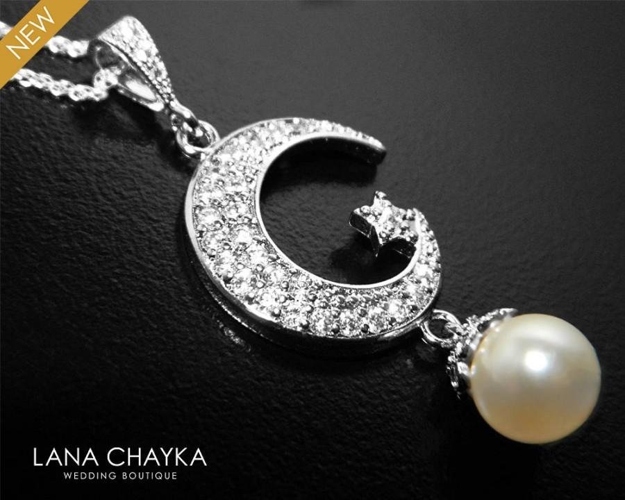 زفاف - Moon Star Silver Necklace, Crescent Moon Swarovski Ivory Pearl Necklace, Moon Star Pearl Pendant, Bridal Bridesmaids Pearl Moon Necklace - $29.90 USD