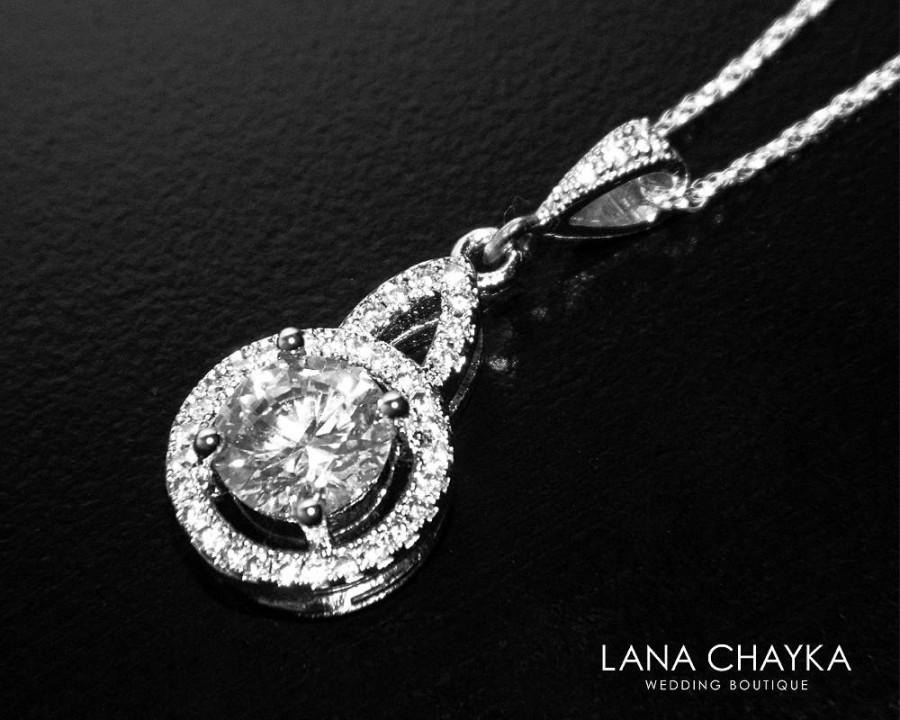 Hochzeit - Cubic Zirconia Bridal Necklace, Crystal Silver Necklace, Wedding Charm Necklace, Bridal Bridesmaid Crystal Jewelry, Clear CZ Silver Pendant - $24.90 USD