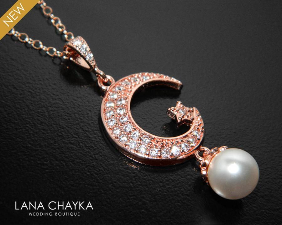 Wedding - Rose Gold Moon Star Necklace, Crescent Moon Swarovski White Pearl Necklace, Rose Gold Moon Pendant, Bridal Bridesmaids Pearl Moon Necklace - $29.90 USD
