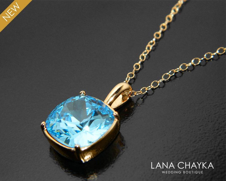 Mariage - Aquamarine Blue Gold Necklace, Swarovski Aquamarine Square Necklace, Light Blue Crystal Necklace, Blue Sparkly Bridal Bridesmaids Necklaces - $26.00 USD