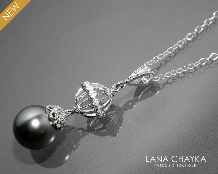 Mariage - Black Pearl Silver Necklace Swarovski 10mm Pearl CZ Necklace Wedding Pearl Necklace Pearl Drop Necklace Bridal Pearl Jewelry Prom Jewelry - $31.90 USD