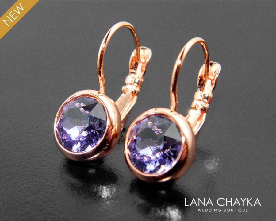 Wedding - Tanzanite Rose Gold Earrings Swarovski Tanzanite Rhinestone Leverback Earrings Purple Crystal Earrings Bridal Jewelry Bridesmaids Earrings - $22.00 USD