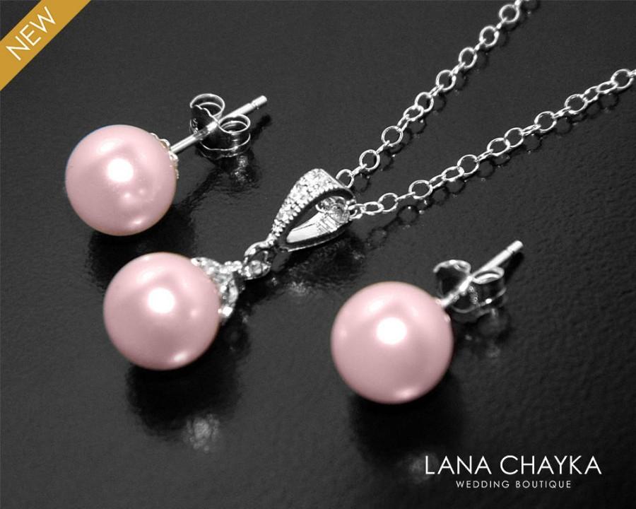 زفاف - Pink Pearl Earrings&Necklace Set Blush Pink Pearl STERLING SILVER Set Swarovski 8mm Rosaline Pearl Set Bridal Bridesmaids Pearl Jewelry Set - $33.50 USD