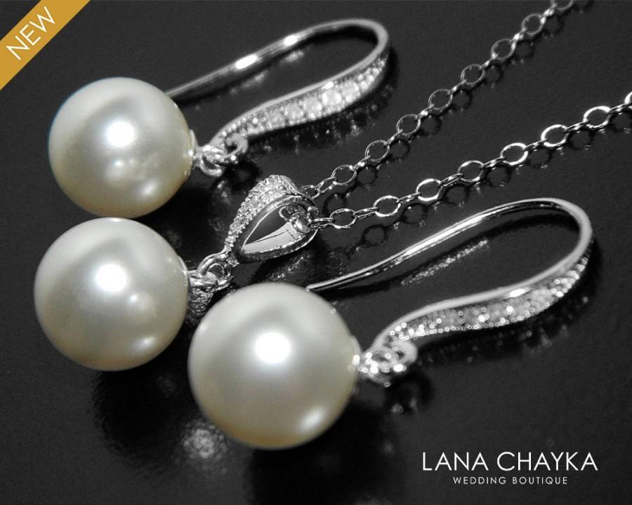زفاف - Bridal White Pearl Earrings&Necklace Set Swarovski 10mm Pearl Jewelry Set Pearl Drop Pearl Set Wedding Pearl Set Bridesmaids Jewelry Set - $39.90 USD