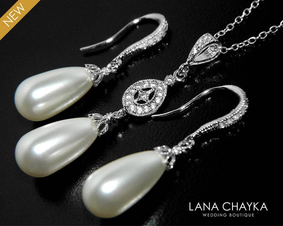 زفاف - White Pearl Earrings&Necklace Set Swarovski Teardrop Pearl Silver Jewelry Set Bridal Bridesmaid Pearl Jewelry Pearl Wedding Set Prom Jewelry - $49.50 USD