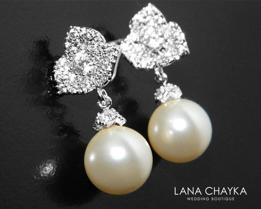 Hochzeit - Pearl Bridal Earrings, Swarovski 10mm Pearl Silver Earrings, Ivory Pearl Flower Stud Earrings Bridesmaid Earrings Pearl Drop Wedding Earring - $31.90 USD