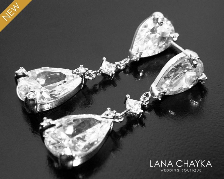 Wedding - Crystal Teardrop Bridal Earrings Clear CZ Chandelier Wedding Earrings Cubic Zirconia Silver Earrings Crystal Dangle Earrings Prom Jewelry - $36.50 USD