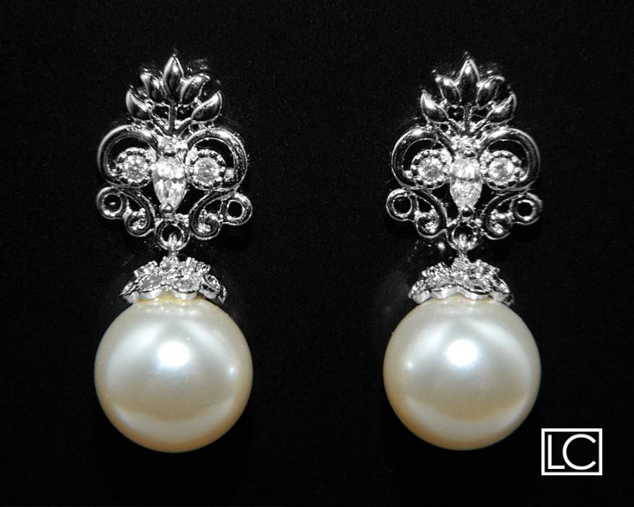 Wedding - Ivory Pearl Bridal Earrings Drop Pearl CZ Wedding Earrings Swarovski 10mm Pearl Earrings Wedding Pearl Jewelry Bridal Jewelry Pearl Earrings - $27.90 USD