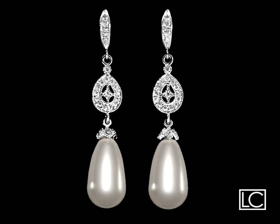 Свадьба - White Pearl Chandelier Earrings Swarovski Teardrop Pearl CZ Earrings Bridal Pearl Silver Dangle Earrings Wedding Bridesmaids Pearl Jewelry - $35.90 USD