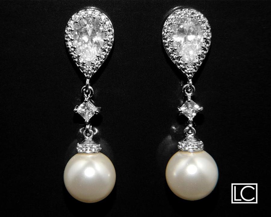 Hochzeit - Bridal White Pearl Earrings Wedding Pearl CZ Earrings Swarovski 10mm Pearl Silver Earrings White Pearl Drop Earring Pearl Bridesmaid Jewelry - $27.00 USD