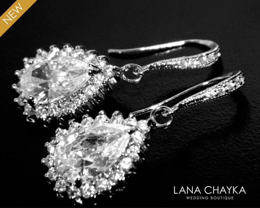 Wedding - Bridal Cubic Zirconia Halo Earrings Teardrop Crystal Wedding Earrings Clear CZ Dangle Earrings Sparkly Silver Earrings Bridal Prom Jewelry - $30.50 USD