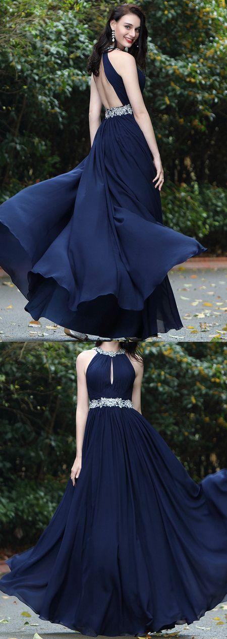 Wedding - Halter Long Prom Dress Backless A-line Chiffon Sleeveless Beaded Evening Dress,HS246