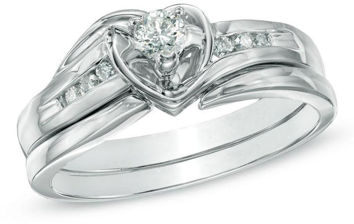 Hochzeit - 1/5 CT. T.W. Diamond Heart Bridal Set in 10K White Gold