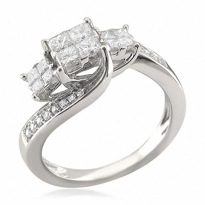زفاف - 3/4 CT. T.W. Quad Princess-Cut Diamond Three Stone Engagement Ring in 14K White Gold