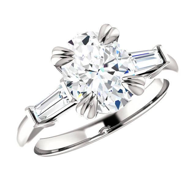 Hochzeit - Raven Fine Jewelers, 3 Carat Oval Cut Forever One Moissanite & Tapered Baguette Diamond Engagement Ring, Moissanite Rings, Double Claw Prongs, Handmade Rings - $3445.00 USD