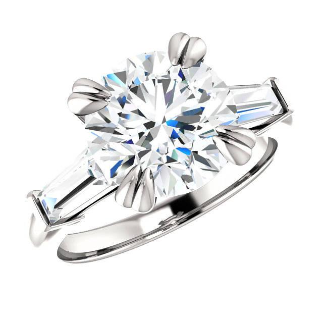 زفاف - 3.50 Carat Round Cut Forever One Moissanite & Tapered Baguette Diamond Engagement Ring, Moissanite Rings, Double Claw Prongs, Handmade Rings - $3825.00 USD