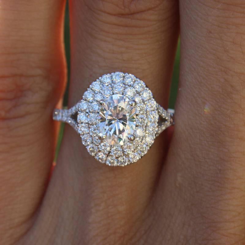 زفاف - Raven Fine Jewelers, 1.00 Carat Oval Forever One Moissanite & Diamond Double Halo Split Shank Engagement Ring, Anniversary Rings, Moissanite Rings for Women, 1ct - $2975.00 USD