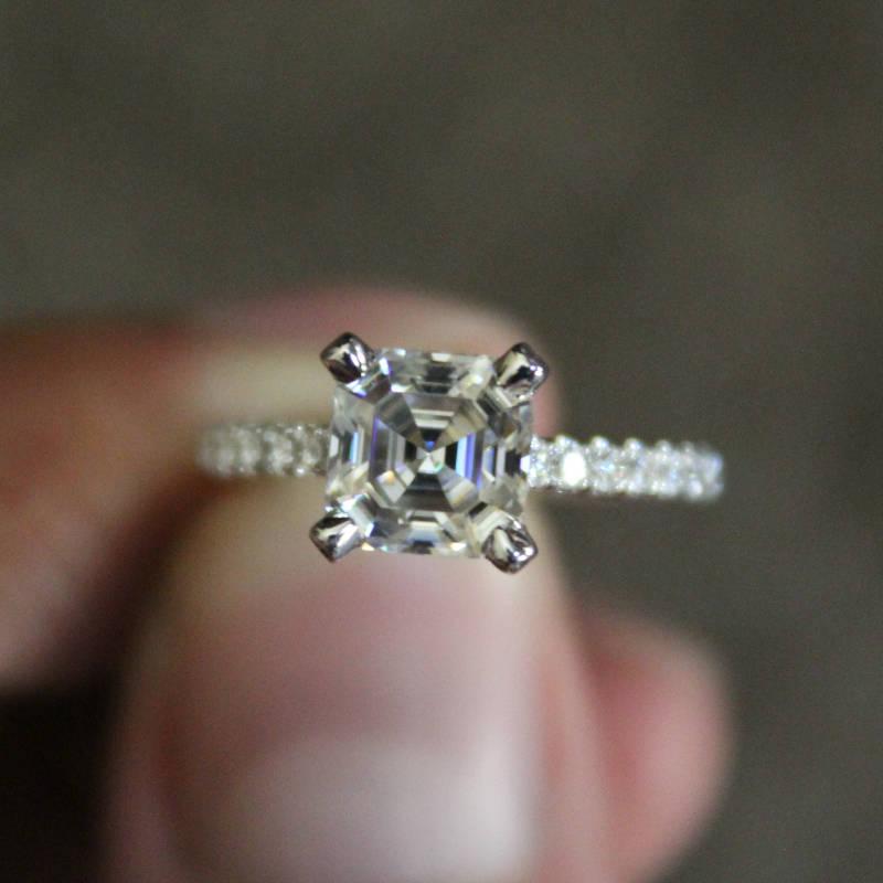 Hochzeit - 1.25 Carat Asscher Cut Forever One Moissanite & Diamond Hidden Halo Engagement Ring, Anniversary Rings, Micropave Diamond Rings Custom Ring - $2655.00 USD