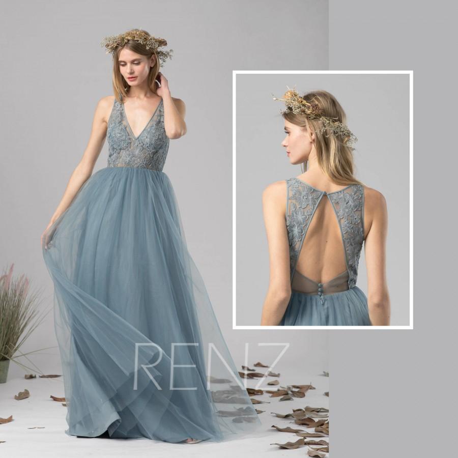 Wedding - Bridesmaid Dress Dusty Blue Tulle Wedding Dress,Illusion V Neck Maxi Dress,Open Back Lace Party Dress,Sleeveless A Line Evening Dress(LS391)