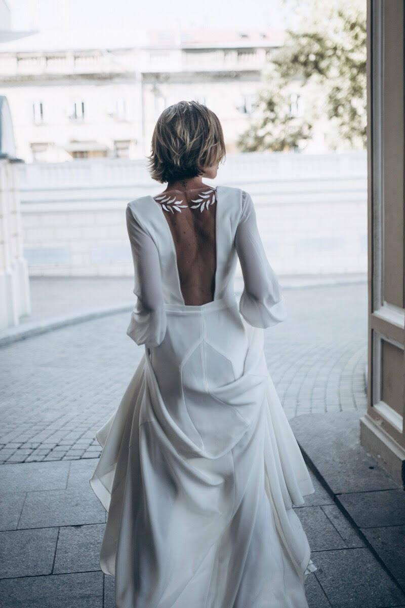 Wedding - Ivory Crepe Open Back Wedding Dress and Handmade Embellishments, Long Sleeve Wedding Dress with Train L18, Beach Wedding Dress, Bridal