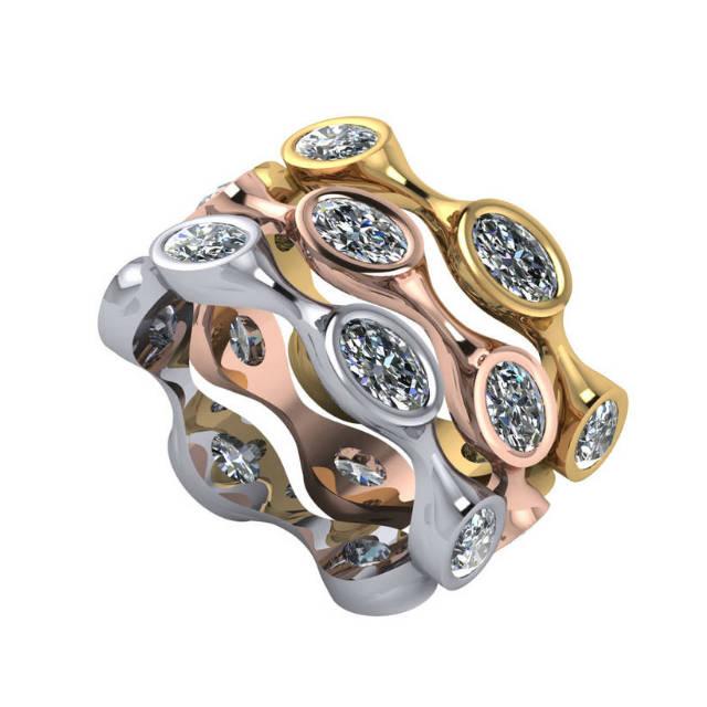 Wedding - Bezel-Set Oval Diamond Eternity Stackable Band, Stacking Rings, Stackable Rings for Women, Tri Color, Rose White and Yellow Gold, Ring Set - $3775.00 USD