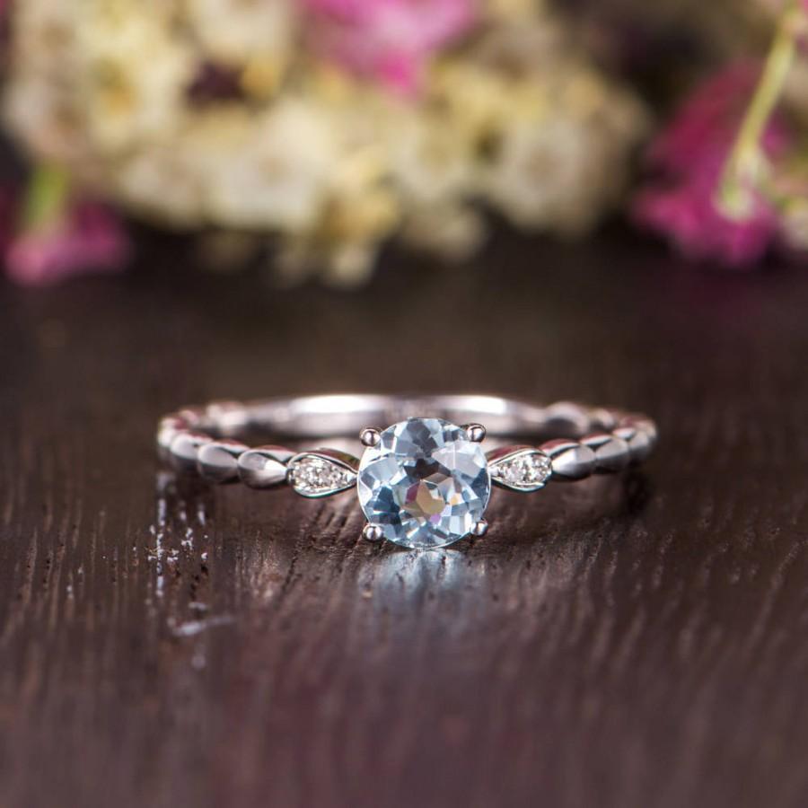 Mariage - Antique Aquamarine Engagement Ring Women White Gold Solitaire Mini Ring March Birthstone Ring Diamond Minimalist Anniversary Promise Bridal