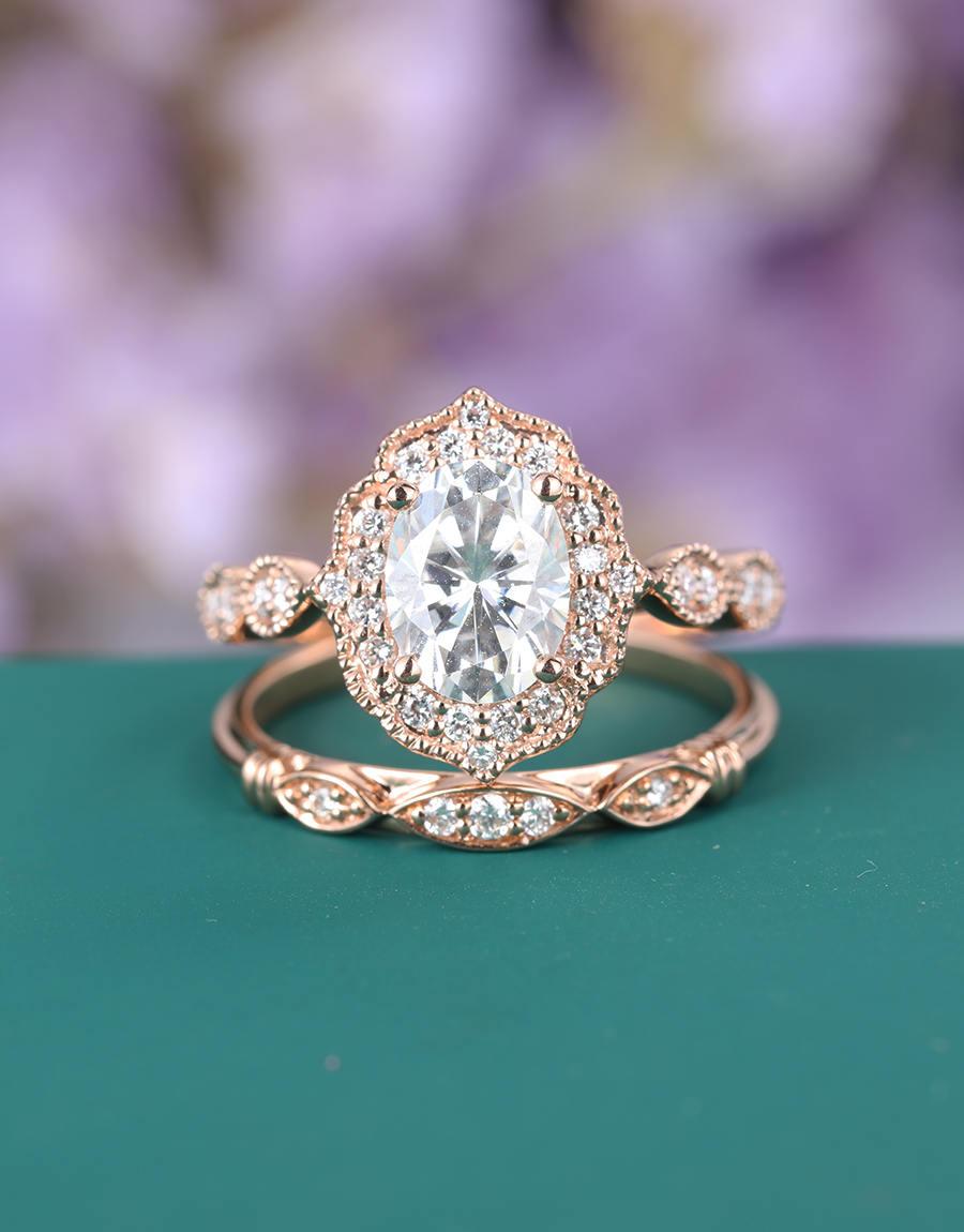 Hochzeit - Vintage engagement ring Rose gold Antique Art deco Moissanite Oval Milgrain set diamond Wedding Women bridal Half eternity Anniversary gift