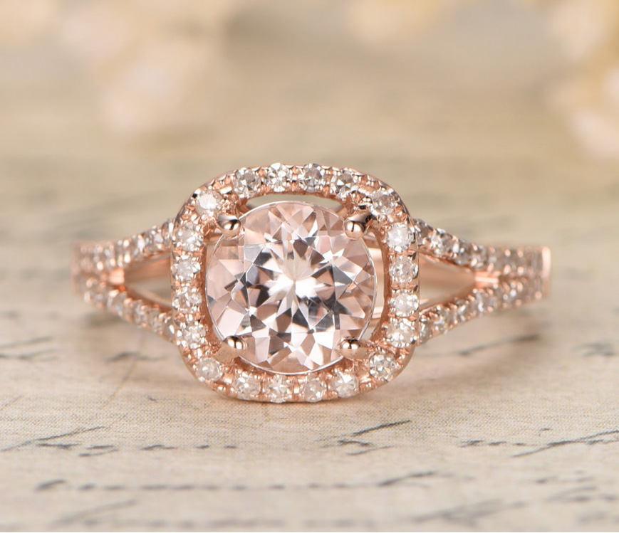 Wedding - Limited Time Sale 1.25 carat Morganite and Diamond Halo Engagement Ring in 10k Rose Gold for Women