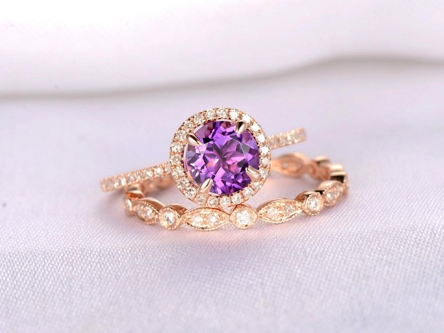 زفاف - 2pcs Wedding Ring Set Amethyst Ring 6.5mm Round Cut Amethyst Engagement Ring 14k Rose Gold Full eternity Art Deco Diamond Matching Band