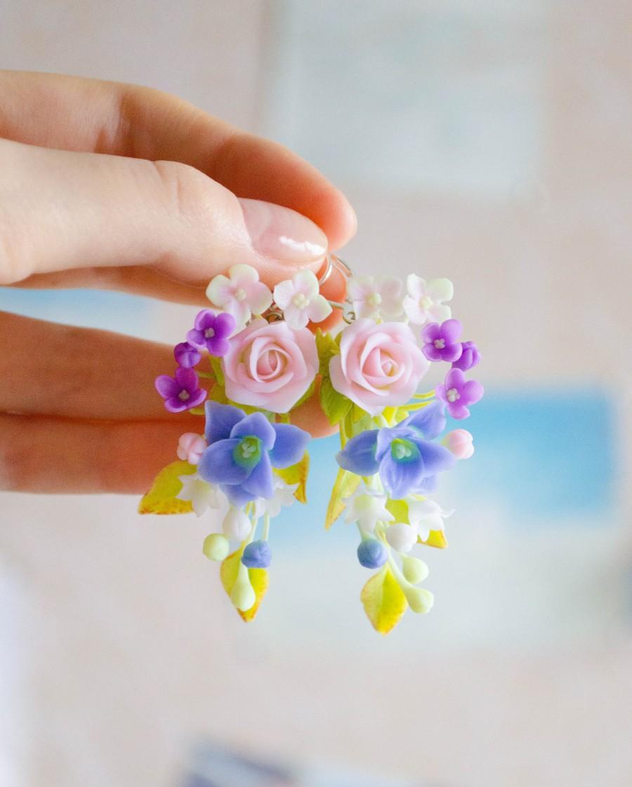 Wedding - Rose earrings Gift for sister Hydrangea earrings Polymer clay earrings Rose dangle earring Flower earrings for bride Polymer flower earrings - $36.00 USD