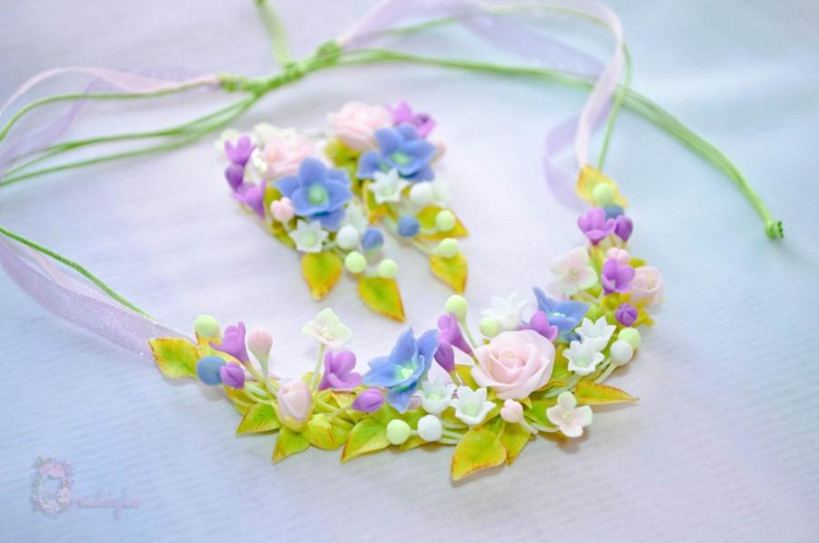 زفاف - Rose necklace Flower necklace for bride Polymer clay necklace Hydrangea necklace Pink blue purple necklace Delicate rose necklace clay - $74.00 USD