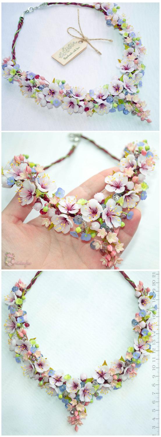 زفاف - Gift for women Clay flower necklace Bridal necklace Wedding necklace Blue hydrangea flowers Apricot flowers Cherry flowers Christmas gift - $116.00 USD