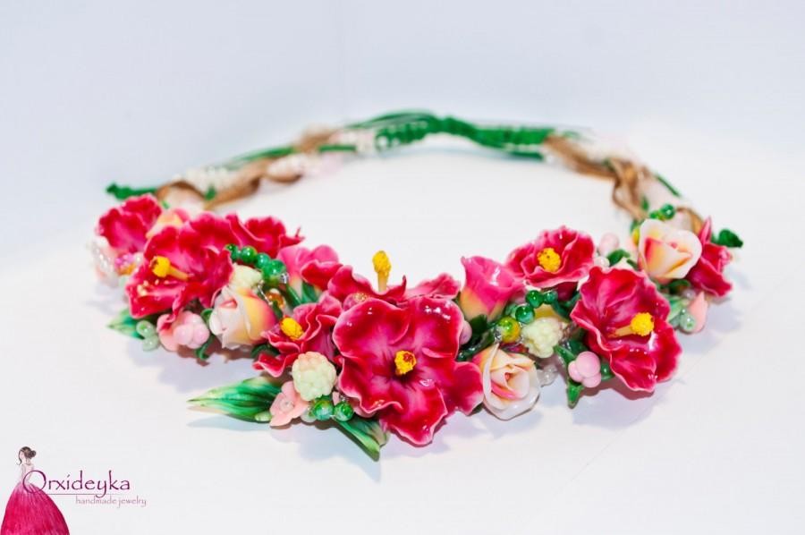 زفاف - Hibiscus necklace, pink flower necklace, hibiscus polymer clay, flower jewelry, pink statement necklace, pink hibiscus jewelry, handmade - $72.00 USD