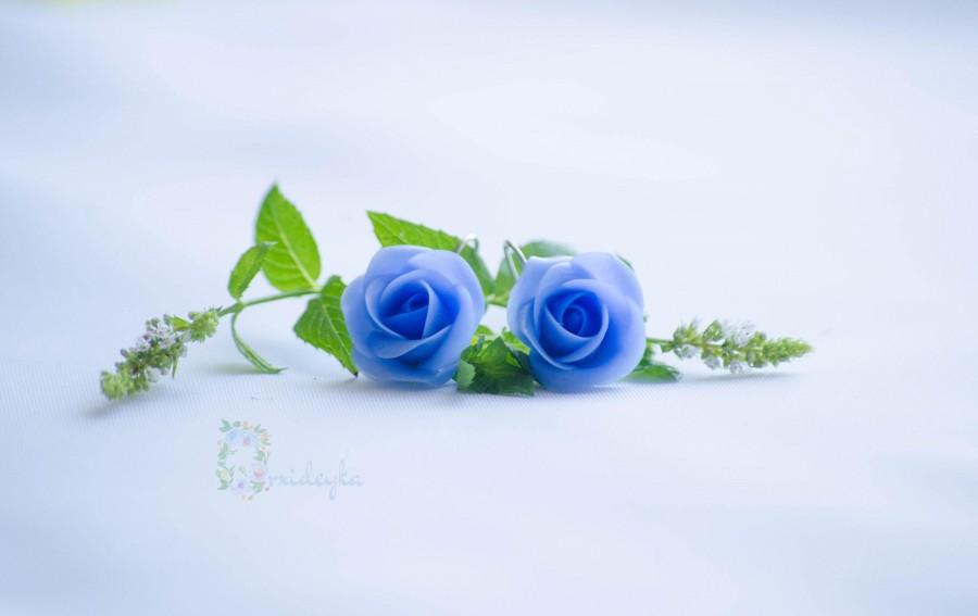 Wedding - Gift for her Rose earrings blue Polymer clay earrings Blue rose Blue flower earrings Rose jewelry Earring for bridesmaid Roses Blue wedding - $12.00 USD