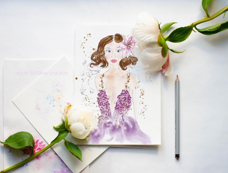 زفاف - Card For her Watercolor fashion illustration Greeting card Girly Girl card Flower dress Purple dress Watercolor painting Glitter card Sketch - $5.60 USD